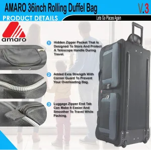 36" Rolling Duffle Bag with Wheels and Handle - Multiple Compartments/Compression Straps With Buckles