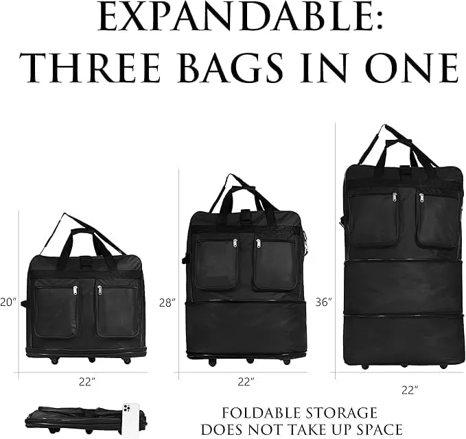 36"" Expandable Duffle Bag (Lightweight) Rolling Wheeled Spinner Suitcase Luggage for Travel and Storage, Black