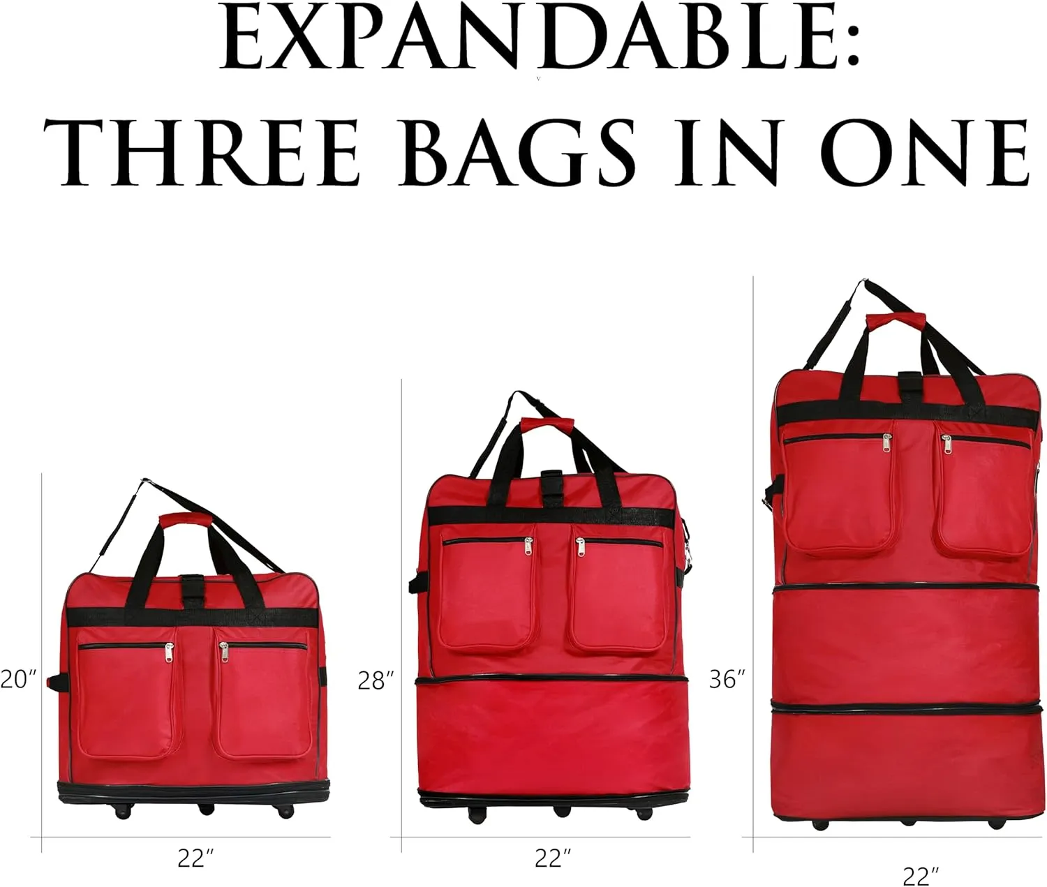 36"" Expandable Duffle Bag (Lightweight) Rolling Wheeled Spinner Suitcase Luggage for Travel and Storage, Red, Wheelbag36