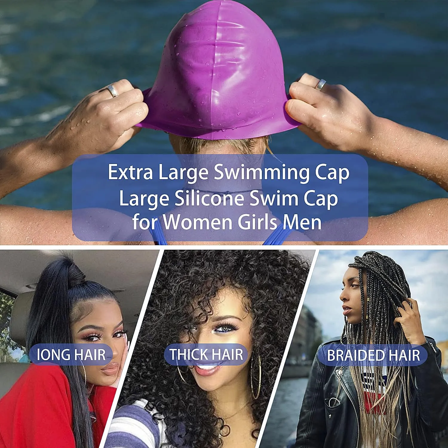 4 Pack Silicone Extra Large Swim Caps for Braids and Dreadlocks Black Women Men Long Hair Swimming Waterproof Pool