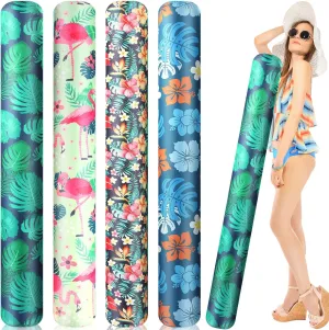 4 Pcs Inflatable Swim Pool Noodles with Pump 54'' Large Swimming Pool Noodles Floats for Floating Hawaii Tropical Jumbo Fabric Covered Inflatable Floats Toys for Adults Summer Beach Party