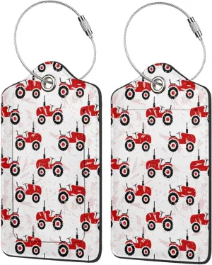 4 PCS Leather Luggage Tags for Suitcases - Red Wheeled Tractors Suitcase Tags Luggage Identifiers for Suitcases, ID Labels Name Travel Bag for Luggage Accessories with Steel Loop