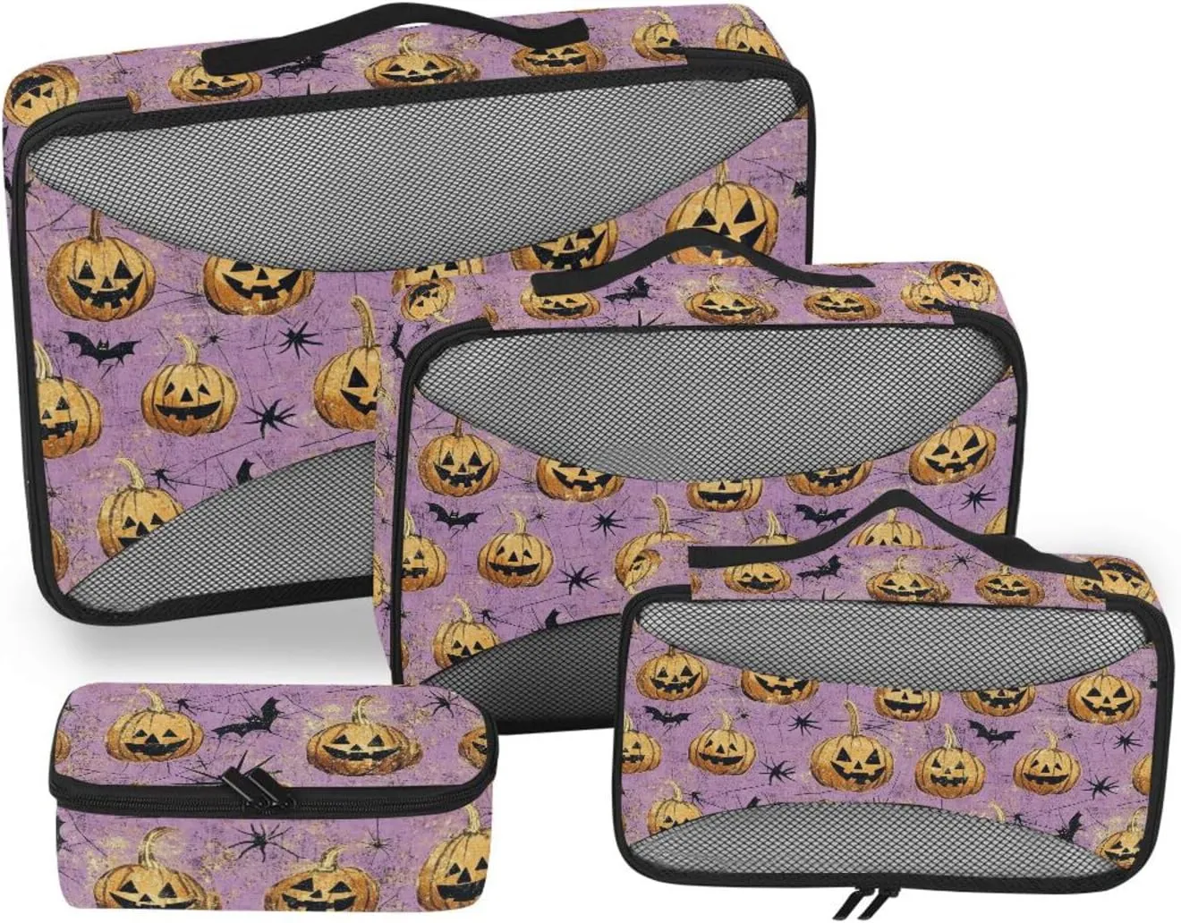 4 Pcs set suitcase organizer bags Mesh Travel Essentials Cartoon Cute Yellow Halloween Pumpkin expandable travel packing cubes
