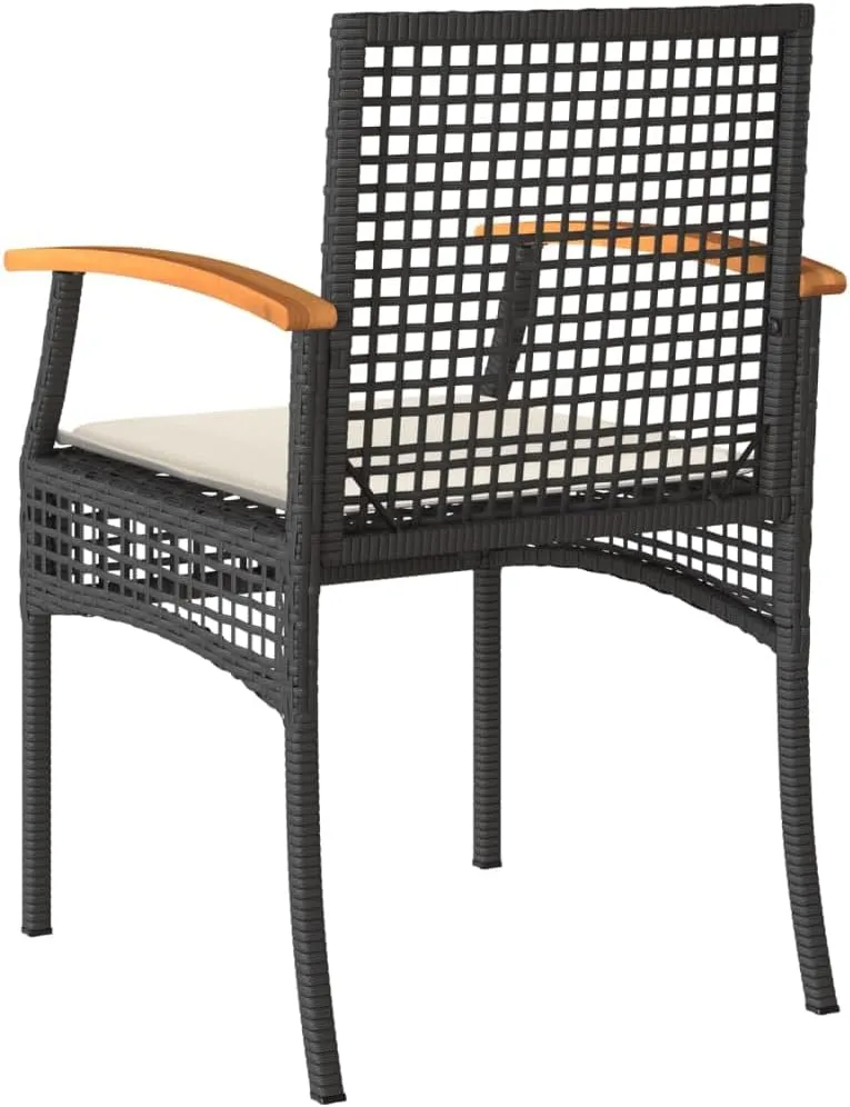 4-Piece Black Poly Rattan Patio Chairs with Cream Cushions, Acacia Wood & Steel Outdoor Furniture Set for Garden, Poolside, Backyard