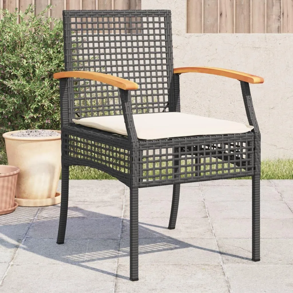 4-Piece Black Poly Rattan Patio Chairs with Cream Cushions, Acacia Wood & Steel Outdoor Furniture Set for Garden, Poolside, Backyard