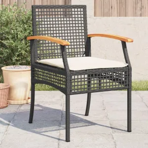 4-Piece Black Poly Rattan Patio Chairs with Cream Cushions, Acacia Wood & Steel Outdoor Furniture Set for Garden, Poolside, Backyard