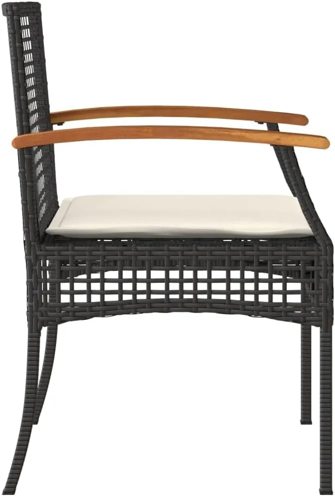 4-Piece Black Poly Rattan Patio Chairs with Cream Cushions, Acacia Wood & Steel Outdoor Furniture Set for Garden, Poolside, Backyard