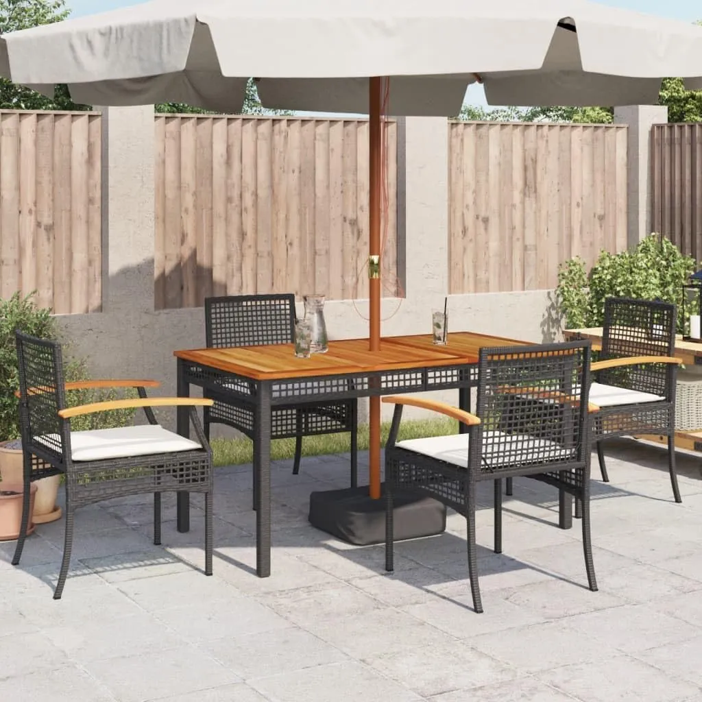 4-Piece Black Poly Rattan Patio Chairs with Cream Cushions, Acacia Wood & Steel Outdoor Furniture Set for Garden, Poolside, Backyard