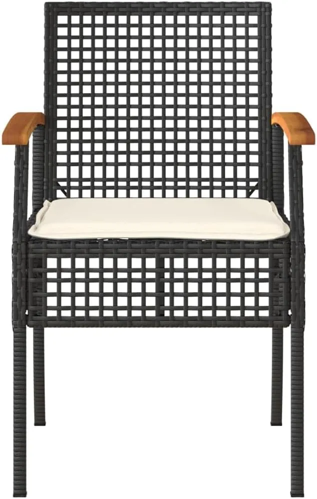 4-Piece Black Poly Rattan Patio Chairs with Cream Cushions, Acacia Wood & Steel Outdoor Furniture Set for Garden, Poolside, Backyard