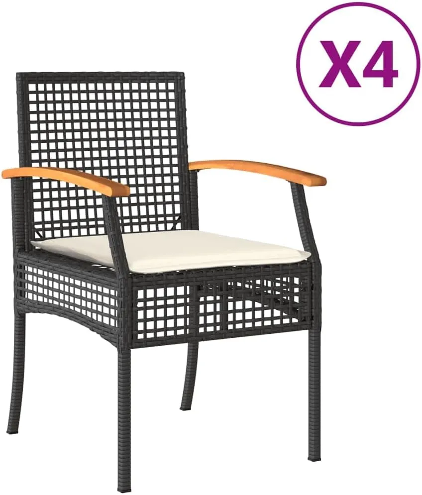 4-Piece Black Poly Rattan Patio Chairs with Cream Cushions, Acacia Wood & Steel Outdoor Furniture Set for Garden, Poolside, Backyard