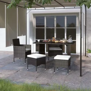 4 Piece Patio Chair and Stool Set Black PE Rattan Outdoor Furniture with Cream Cushions for Garden, Poolside, and Backyard Relaxation