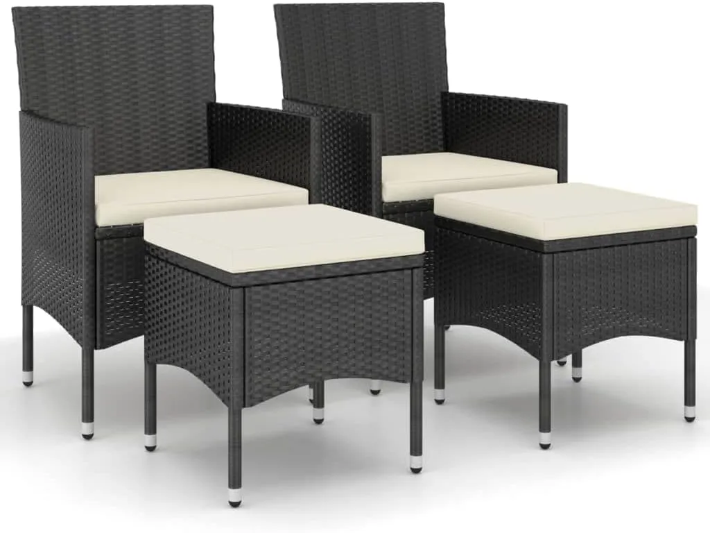 4 Piece Patio Chair and Stool Set Black PE Rattan Outdoor Furniture with Cream Cushions for Garden, Poolside, and Backyard Relaxation