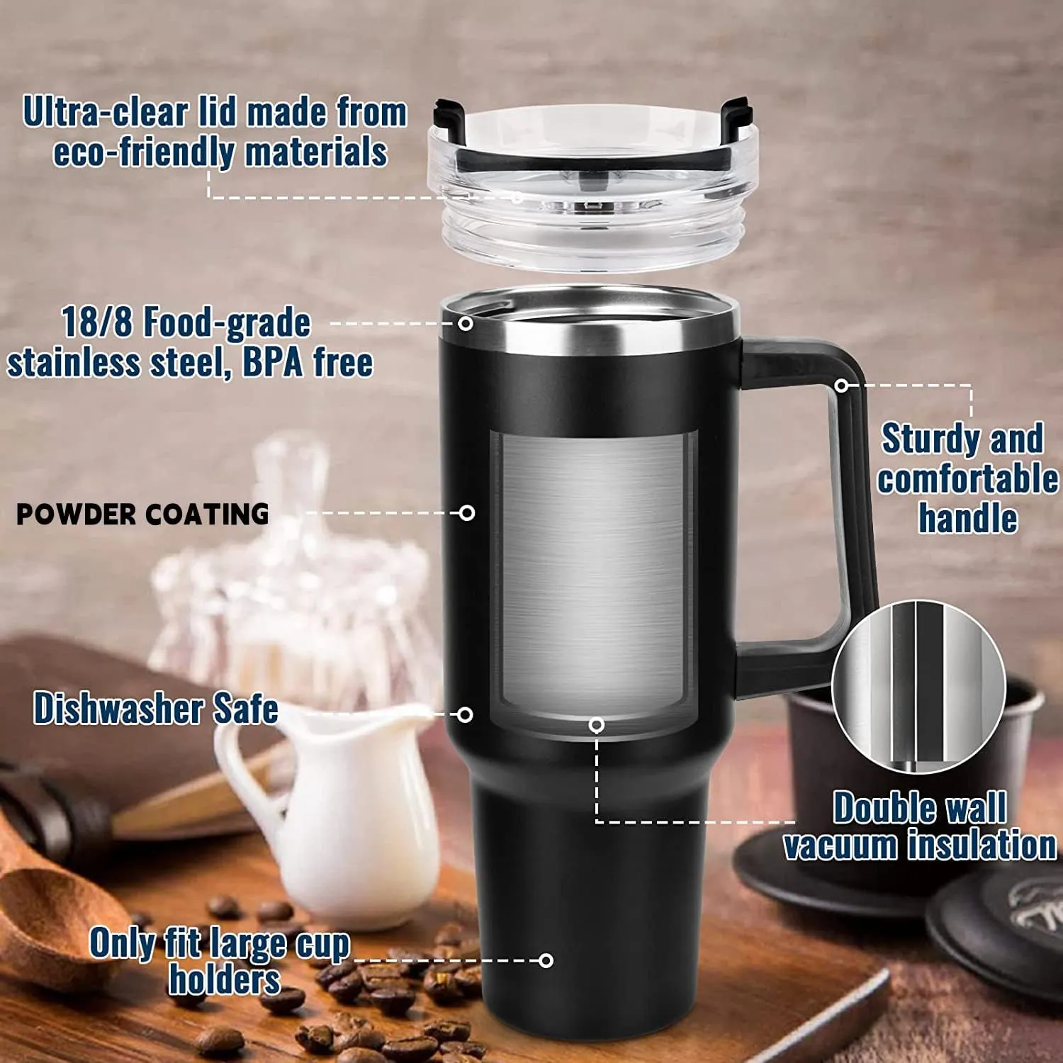 40oz Insulated Travel Mug Tumbler With Handle and Straw,Stainless Steel Double Wall Vacuum Cup Keep Drink Cold and Hot (Navy)