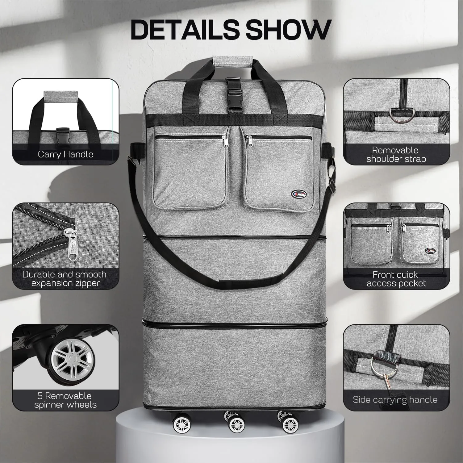 40''Rolling Duffle Bag with Wheels-Expandable Duffle Bag for Travel-Waterproof Suitcase-Weekend Bags#Grey