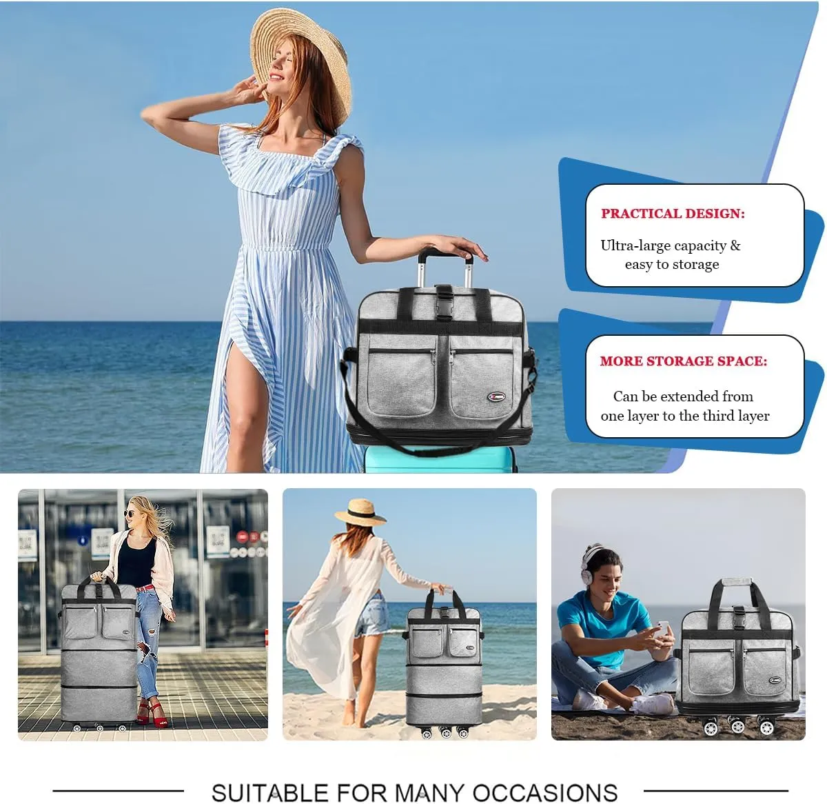 40''Rolling Duffle Bag with Wheels-Expandable Duffle Bag for Travel-Waterproof Suitcase-Weekend Bags#Grey