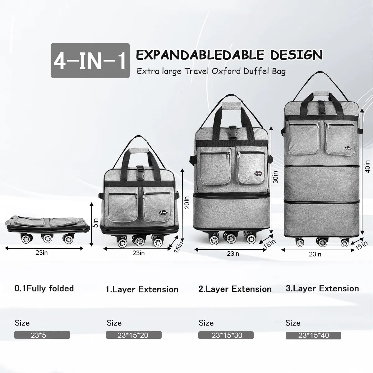 40''Rolling Duffle Bag with Wheels-Expandable Duffle Bag for Travel-Waterproof Suitcase-Weekend Bags#Grey