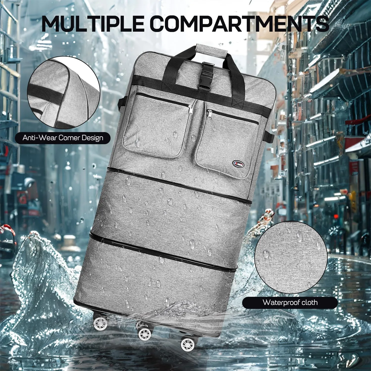 40''Rolling Duffle Bag with Wheels-Expandable Duffle Bag for Travel-Waterproof Suitcase-Weekend Bags#Grey