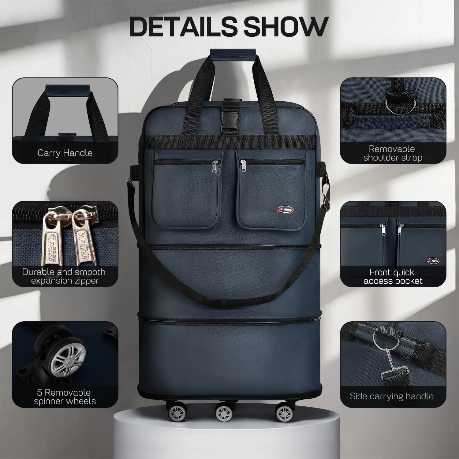 40''Rolling Duffle Bag with Wheels-Expandable Duffle Bag for Travel-Waterproof Suitcase-Weekend Bags#Navy