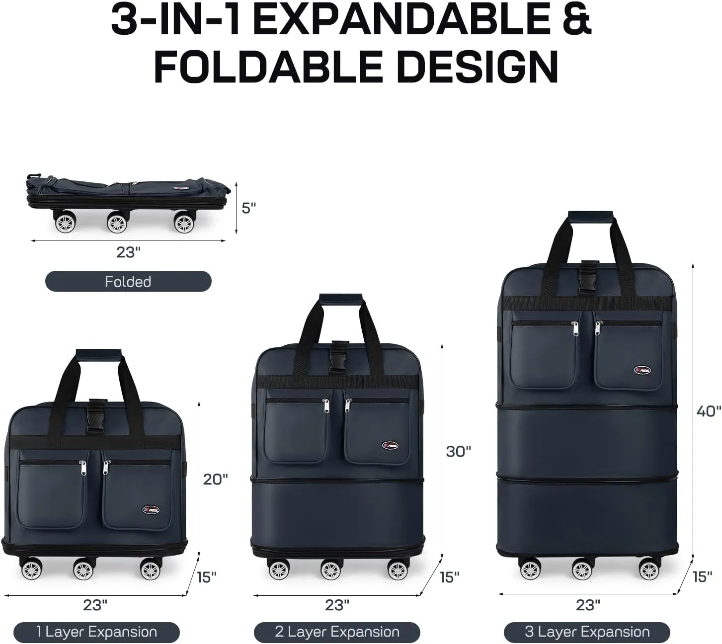 40''Rolling Duffle Bag with Wheels-Expandable Duffle Bag for Travel-Waterproof Suitcase-Weekend Bags#Navy