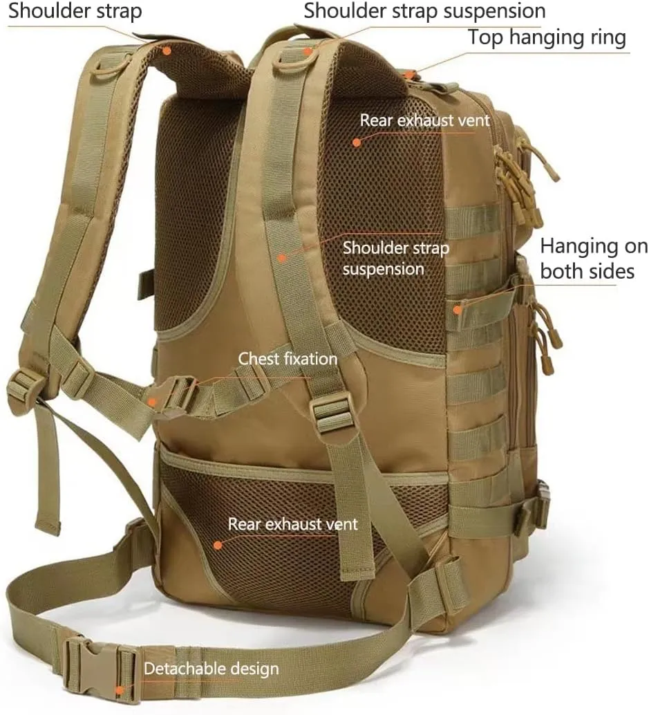 45L Military Tactical Backpack Large Men Army 3 Day Assault Rucksack Molle Bag Daypack (Black)