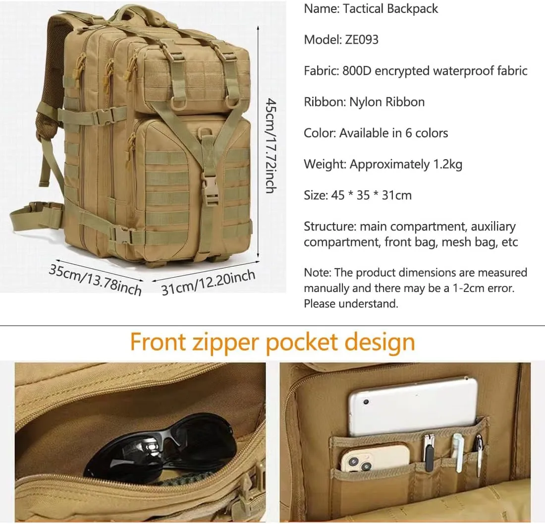 45L Military Tactical Backpack Large Men Army 3 Day Assault Rucksack Molle Bag Daypack (Black)