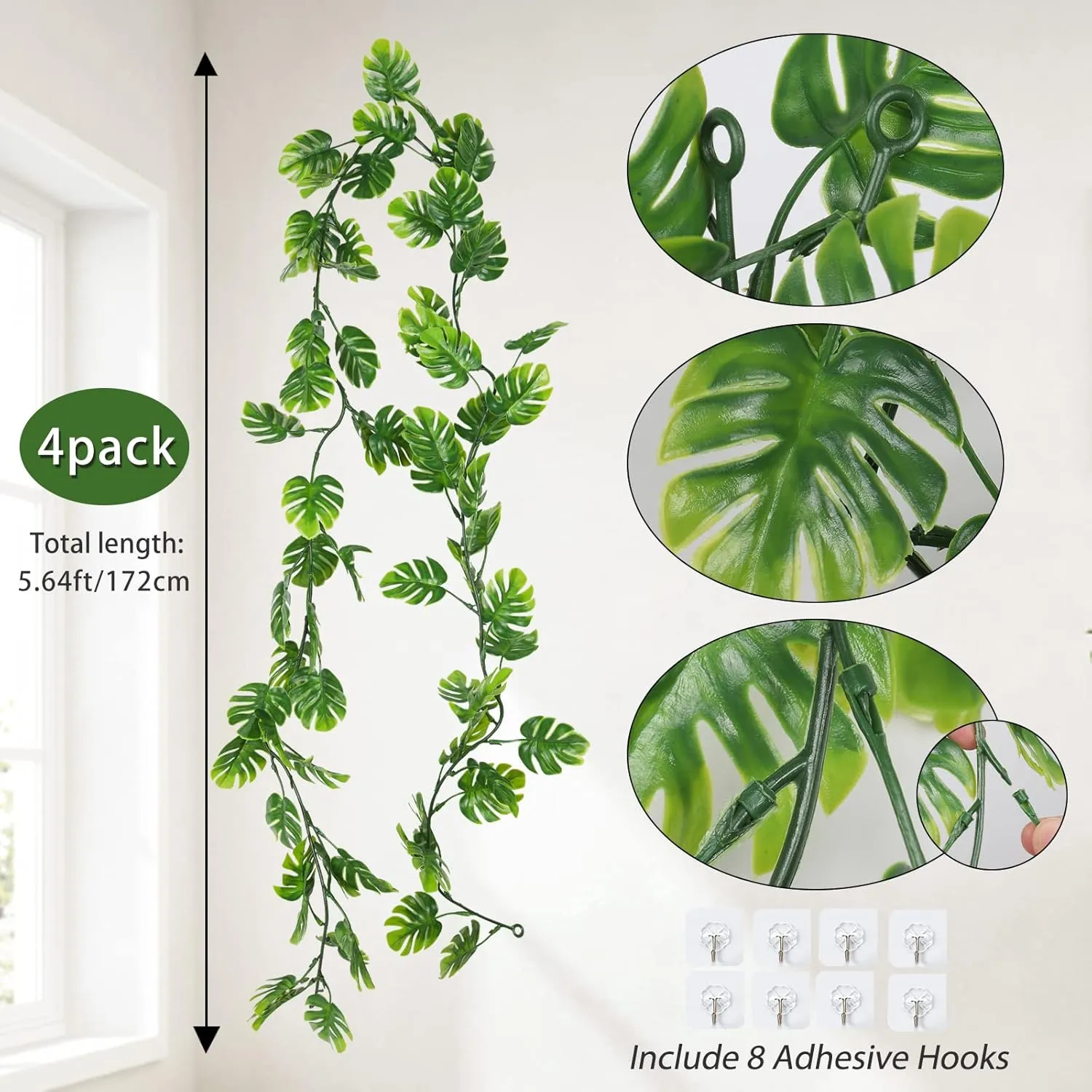 4Pcs Artificial Monstera Leaf Vines, 5.9FT Fake Hanging Plant Ivy Palm Leaves Greenery Vine Faux Tropical Monstera Garland for Garden Porch Patio Jungle Luau Party Beach Birthday Indoor Outdoor Décor