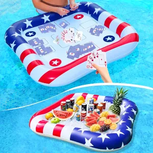 4th of July 2 in 1 Inflatable Pool Game Set & Ice Serving Trays Cooler, Adult Large Floating Game Table with Waterproof Playing Cards, Food Drink Holder Cooler,Pool Party Accessories