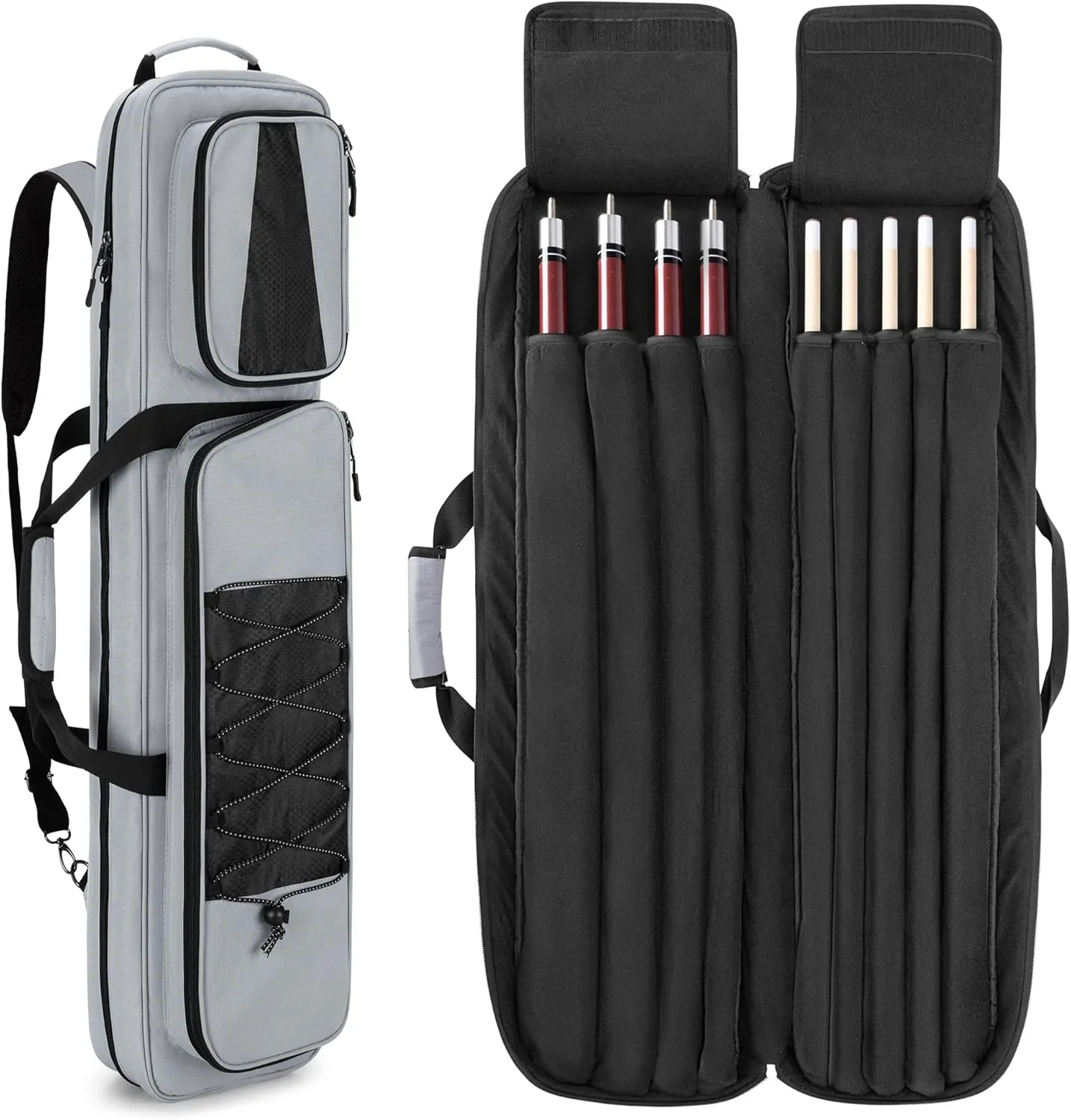 4x5 Pool Cue Case, Billiard Stick Carrying Case Holds 4 Butts and 5 Shafts, Soft Pool Stick Bag with Large Front Accessories Pockets and Shoulder Strap for Easy Carry