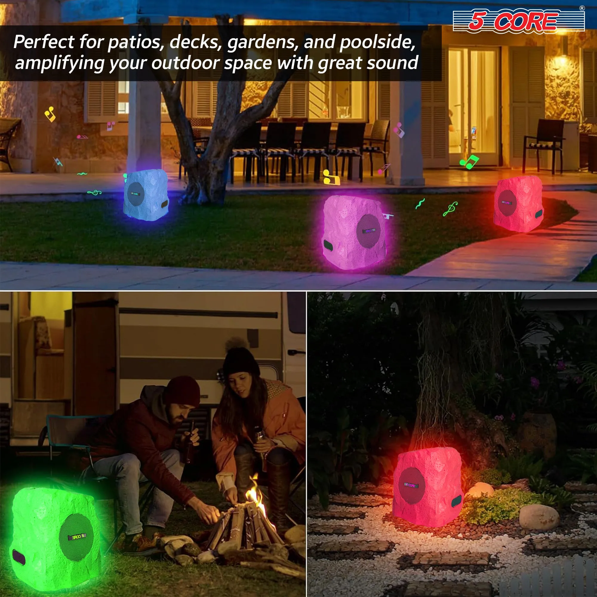 5 Core Outdoor Speakers Bluetooth Waterproof Linkable TWS 10W RMS Pool Patio Garden Wireless Subwoofer Outside Solar Rock Speaker w LED Light All Season Use - GRDNSPK SP BRWN