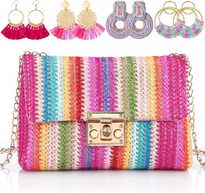 5 Pack Summer Striped Straw Clutch Purse Crossbody Vacation Handbag Woven Rattan Dangle Earrings for Women
