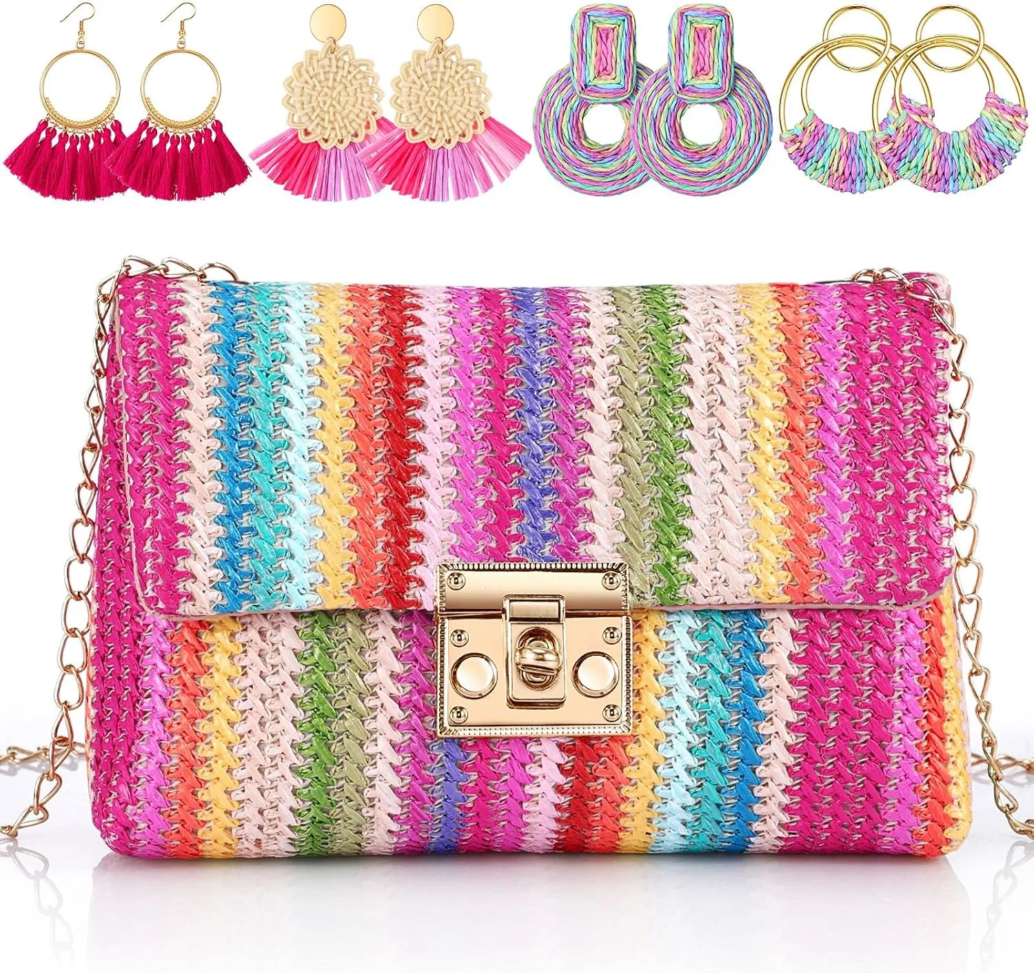 5 Pack Summer Striped Straw Clutch Purse Crossbody Vacation Handbag Woven Rattan Dangle Earrings for Women