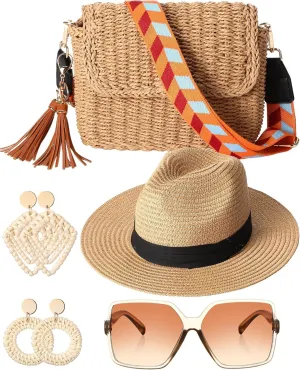 5 Pcs Beach Women Sun Hat Wide Brim, Woven Straw Crossbody Bag, Rattan Earrings and Sunglasses for Summer