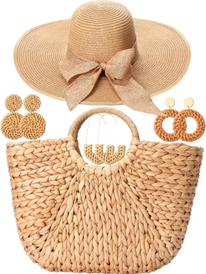 5 Pcs Women Large Straw Beach Bag 5.5 Inch Big Bowknot Straw Beach Hat with Rattan Earrings Set Summer Handwoven Tote Bag Wide Brim Floppy Sun Hat Foldable for Summer Vacation Travel