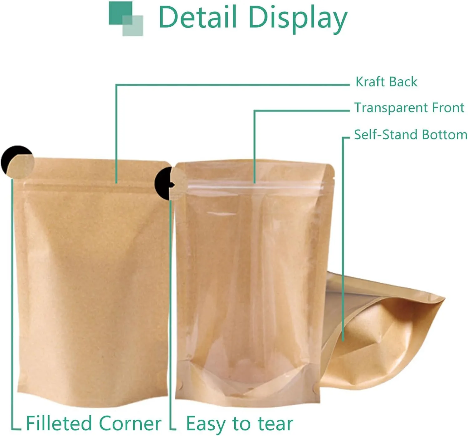 50pcs Kraft Bags With Window Clear Fornt Pouches Resealable Stand Up Zip Lock Food Storage Bags Brown 5.5"x7.8"