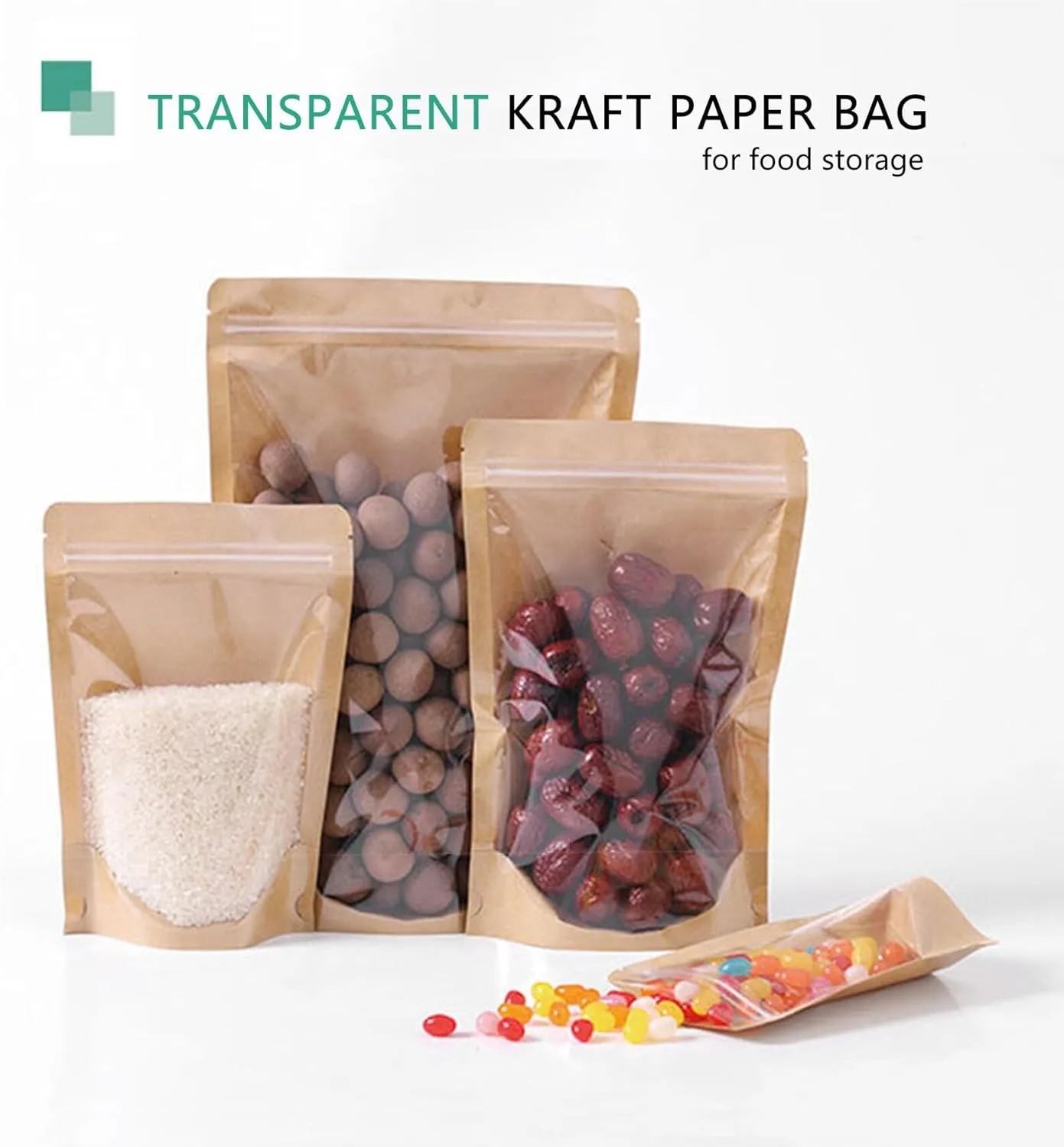 50pcs Kraft Bags With Window Clear Fornt Pouches Resealable Stand Up Zip Lock Food Storage Bags Brown 5.5"x7.8"