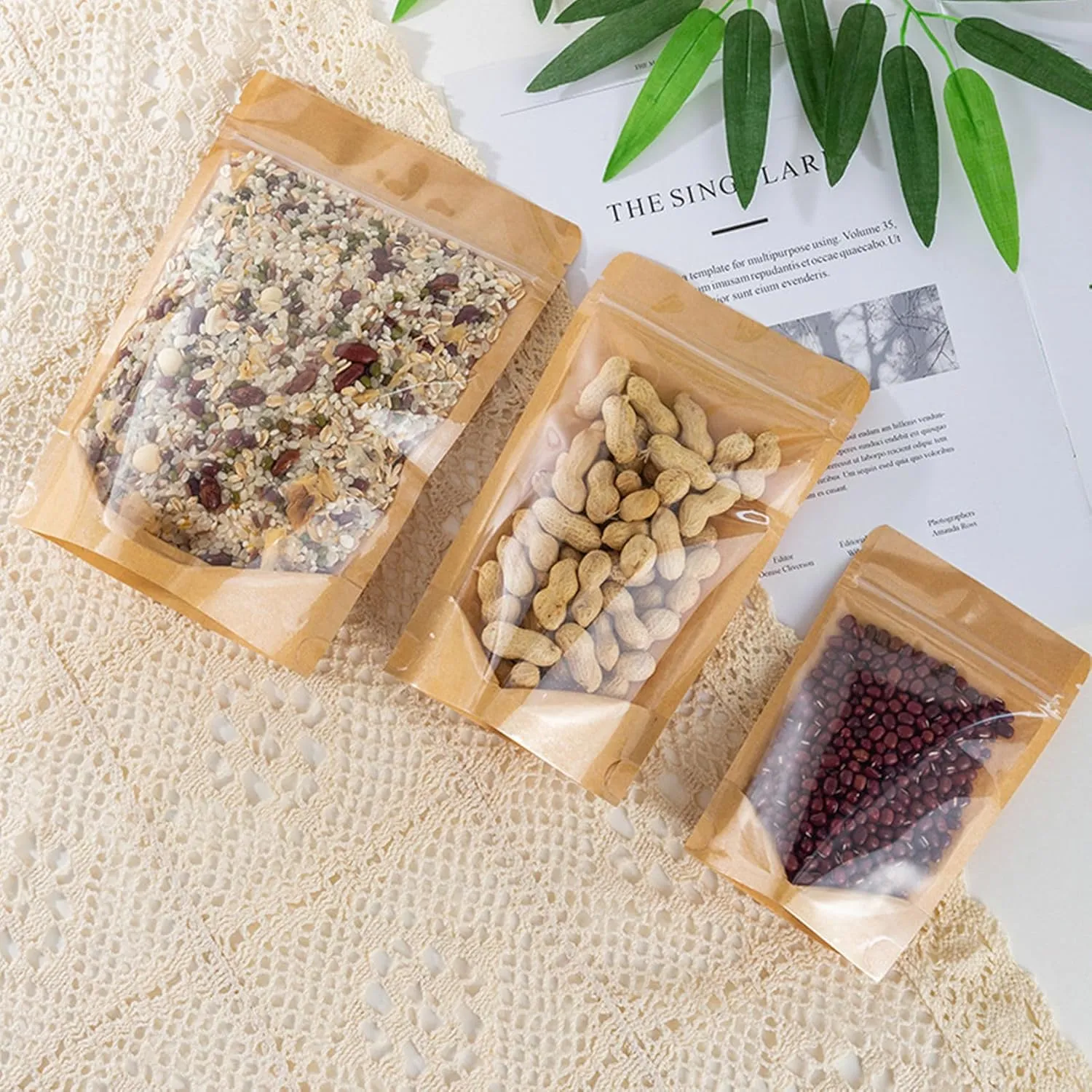 50pcs Kraft Bags With Window Clear Fornt Pouches Resealable Stand Up Zip Lock Food Storage Bags Brown 5.5"x7.8"