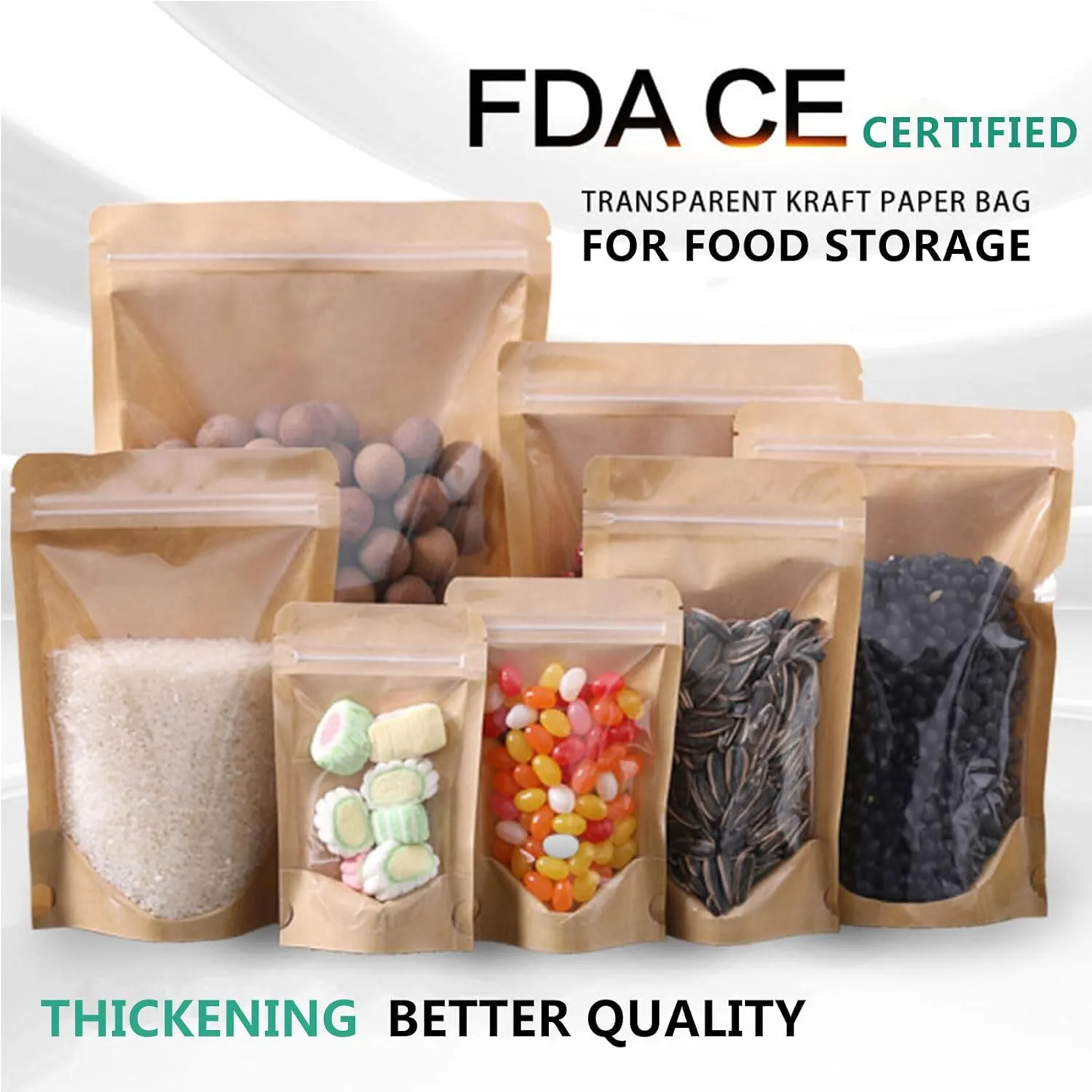 50pcs Kraft Bags With Window Clear Fornt Pouches Resealable Stand Up Zip Lock Food Storage Bags Brown 5.5"x7.8"