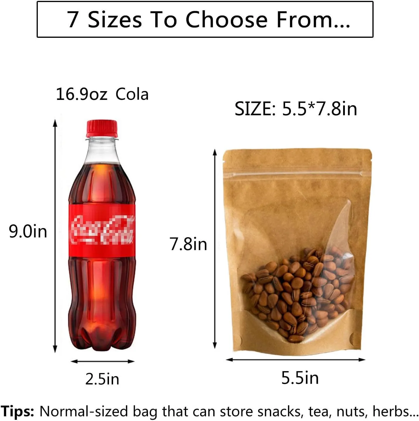 50pcs Kraft Bags With Window Clear Fornt Pouches Resealable Stand Up Zip Lock Food Storage Bags Brown 5.5"x7.8"