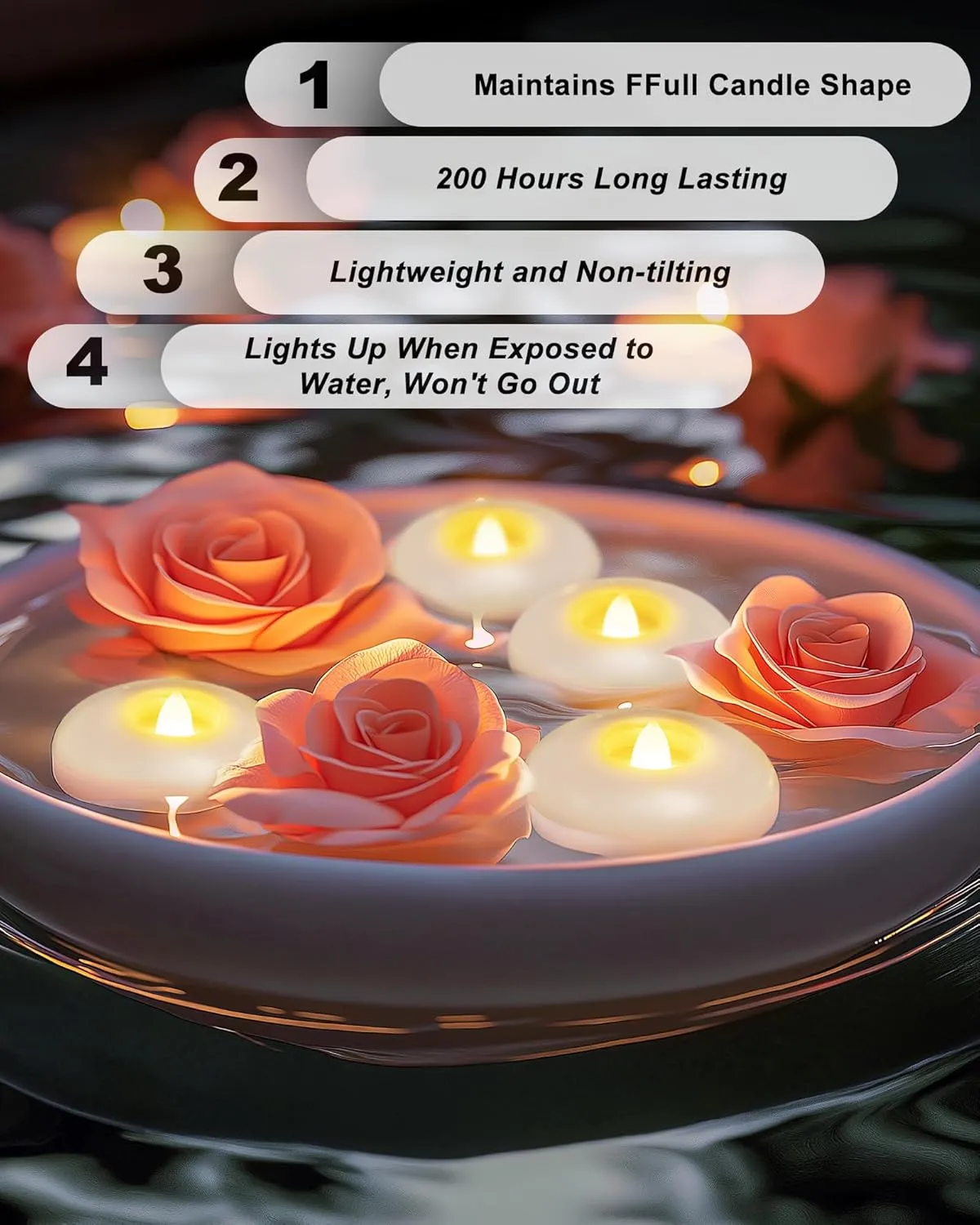 5plots Flameless Floating Candles 3 Inches White Waterproof Led Tealights for Wedding Vases Centerpieces Party Proposal Pool Decor Decoration 200 Hour (24 Pack)
