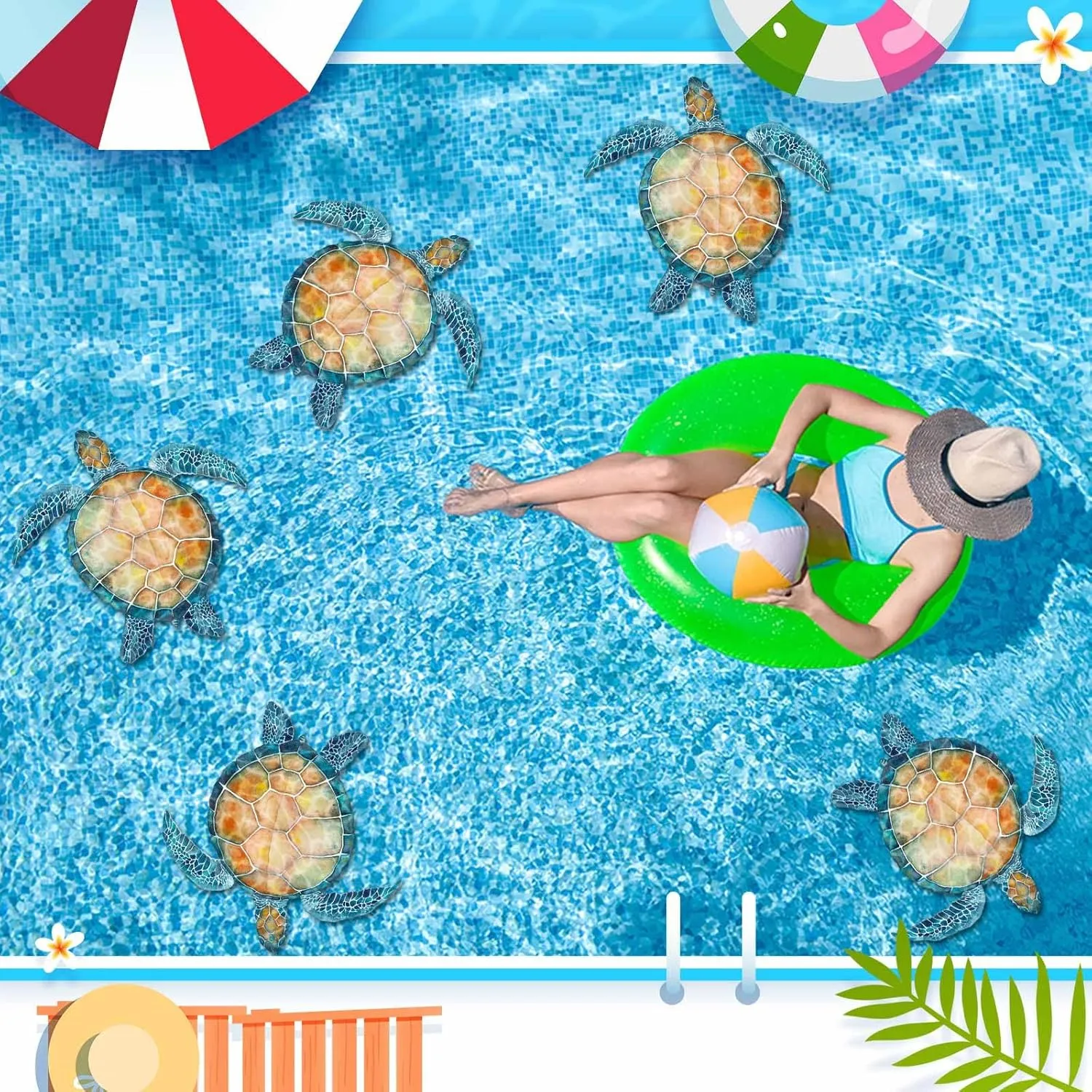 6 Pcs Pool Decals for Bottom of Pool Sea Turtle Stickers Swimming Tile Patch Vinyl PVC Summer Underwater Decals Decoration Waterproof Wall Sticker