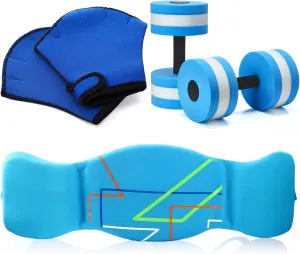 6 Pcs Water Aerobics Equipment Set Lightweight Water Aerobics Dumbbells Webbed Swimming Hand Gloves Aquatic Swim Belt Pool Mesh Bag for Water Weights Exercise Equipment