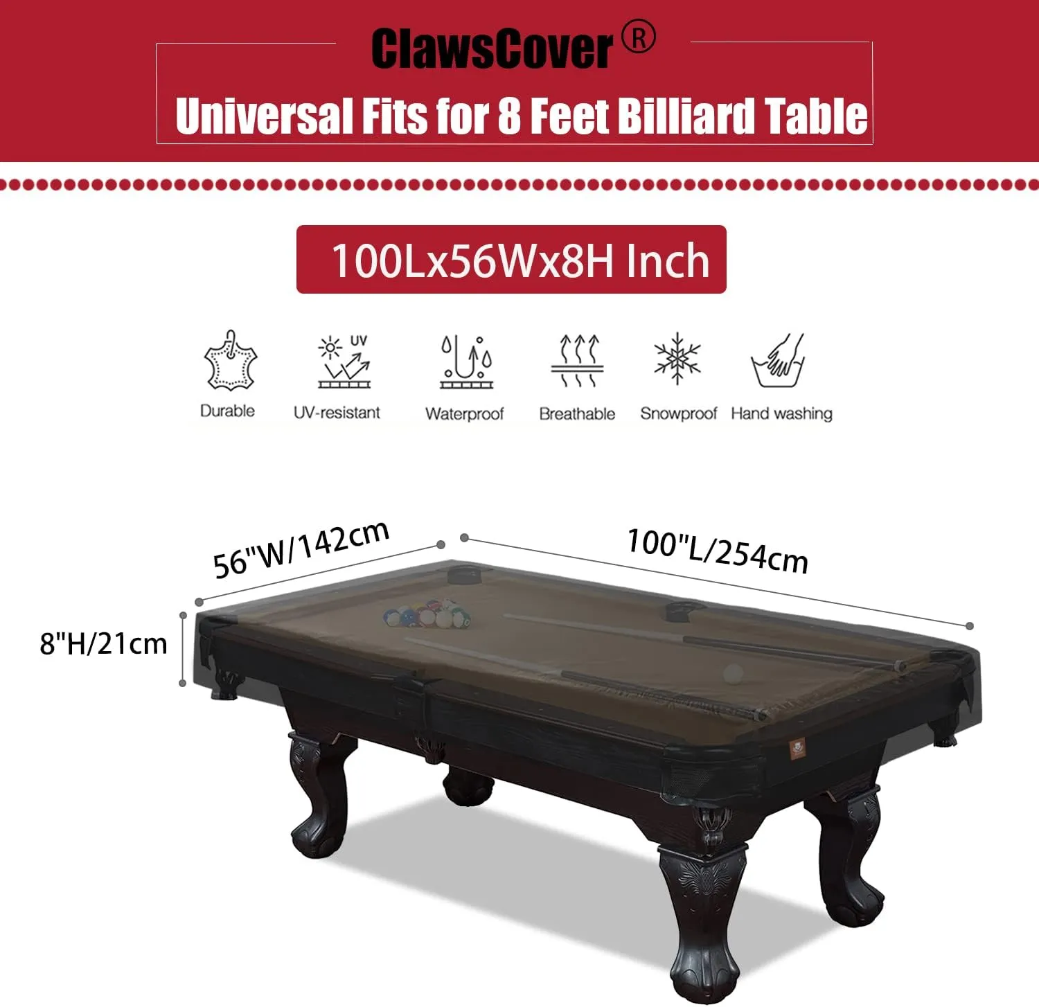 7/8/9 Feet Billiard Pool Table Covers Waterproof Outdoor Indoor Scratched-Free Polyester Cloth All Season Rain Dust Sun Protection Snooker Patio Furniture Cover,8FT-100Lx56Wx8H Inch