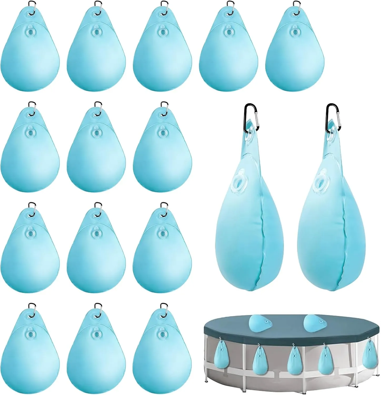 8 Pack Pool Cover Weights with Hooks, Teardrop Shape Winter Pool Water Bag, Thick PVC Pool Cover Hanging Bag, Heavy Duty Pool Wall Bag for Above Ground Swimming Pool Cover