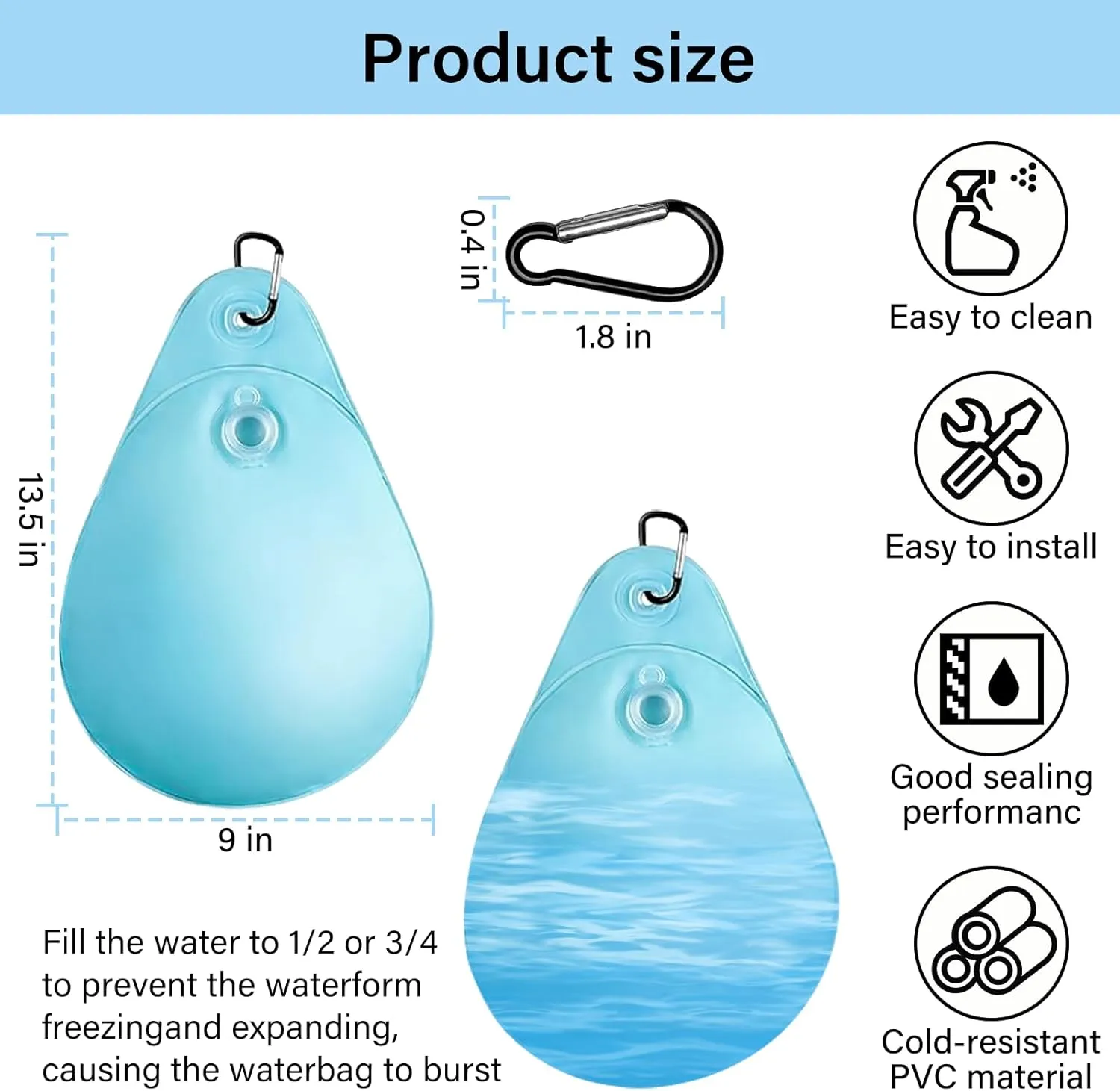 8 Pack Pool Cover Weights with Hooks, Teardrop Shape Winter Pool Water Bag, Thick PVC Pool Cover Hanging Bag, Heavy Duty Pool Wall Bag for Above Ground Swimming Pool Cover