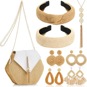 8 Pieces Women Bohemian Straw Purses Bags Crossbody Clutch Purses Summer Rattan Earrings Lightweight Boho Straw Knotted Hair Bands and Disk Circle Pendant Necklace Set