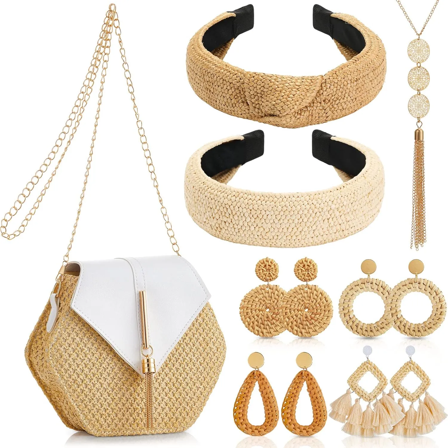8 Pieces Women Bohemian Straw Purses Bags Crossbody Clutch Purses Summer Rattan Earrings Lightweight Boho Straw Knotted Hair Bands and Disk Circle Pendant Necklace Set