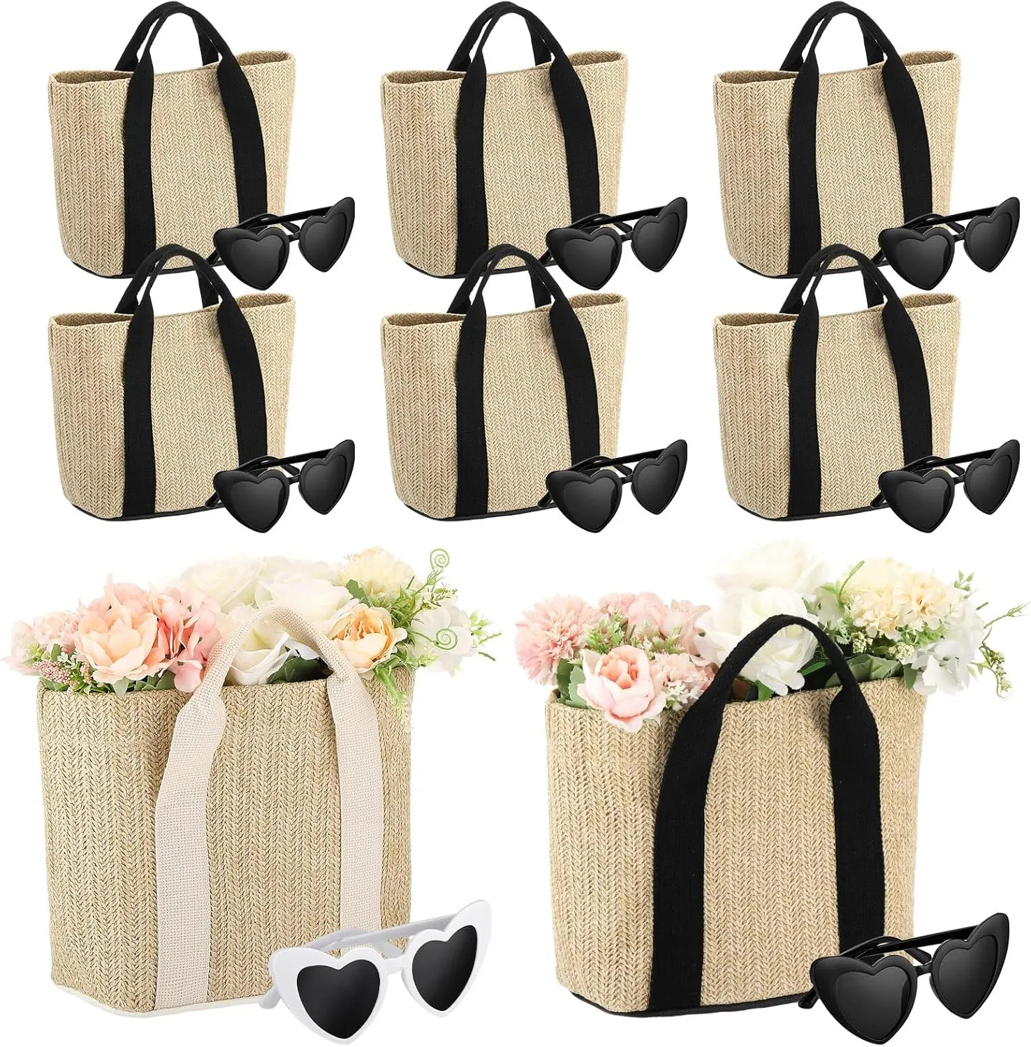 8 Set Wedding Jute Bridesmaid Gift Bag with Heart Shaped Sunglasses Straw Bags for Women Woven Beach Bag with Handles Reusable Bride Tote for Bachelorette Engagement Party