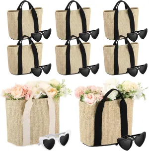 8 Set Wedding Jute Bridesmaid Gift Bag with Heart Shaped Sunglasses Straw Bags for Women Woven Beach Bag with Handles Reusable Bride Tote for Bachelorette Engagement Party