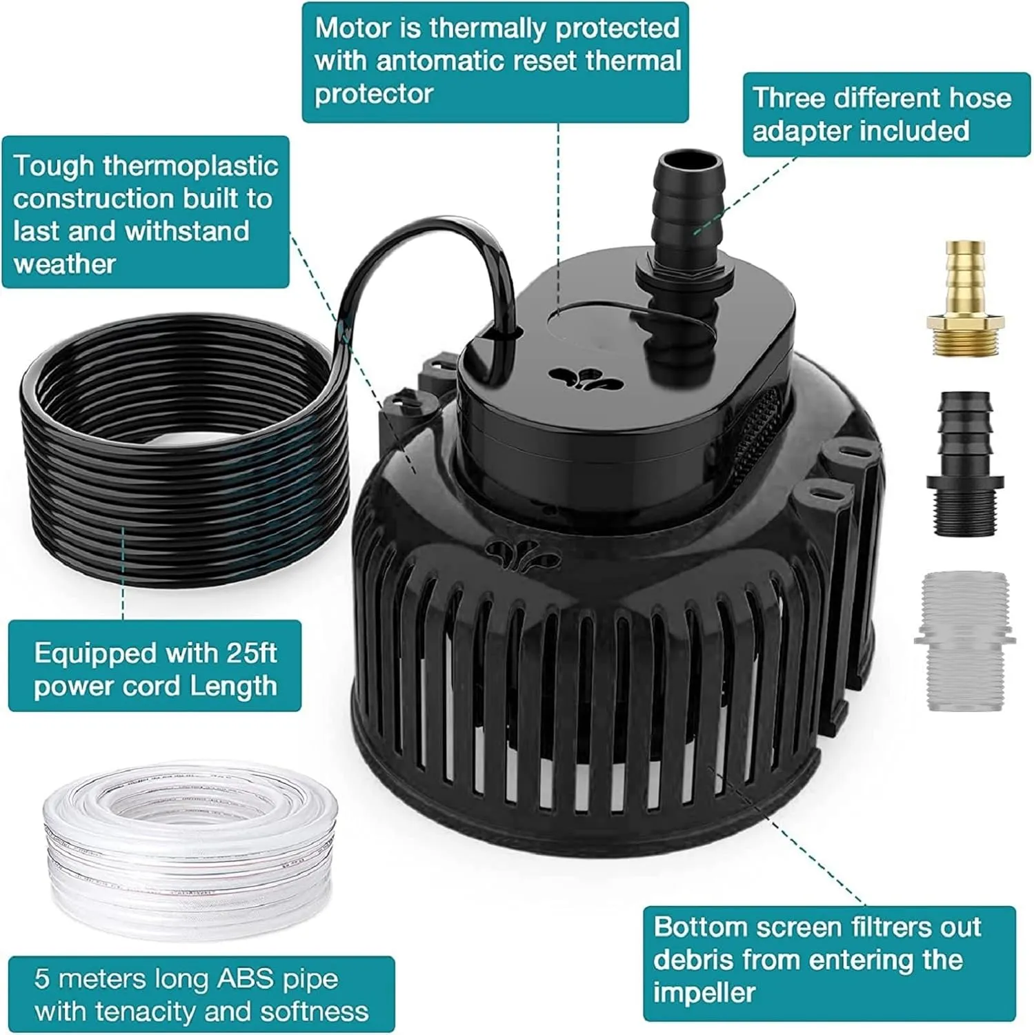 850GPH Sump Pump & Submersible Water Pump, IPX8 Waterproof for Pool Draining,with 16' Drainage Hose and 25' Power Cord,3 Adapters（Black）