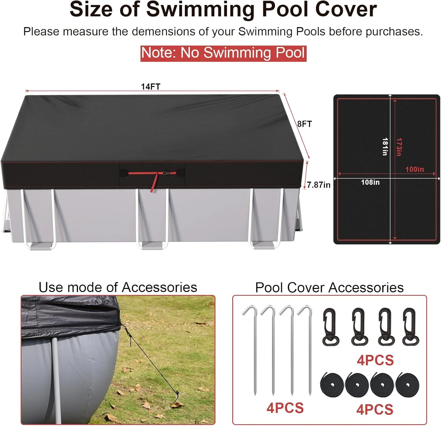 8x14Ft Rectangular Pool Cover for Above Ground Pools, Solar Cover for Above Ground Pools with Accessories, Winter Cover Ideal for Waterproof and Dustproof